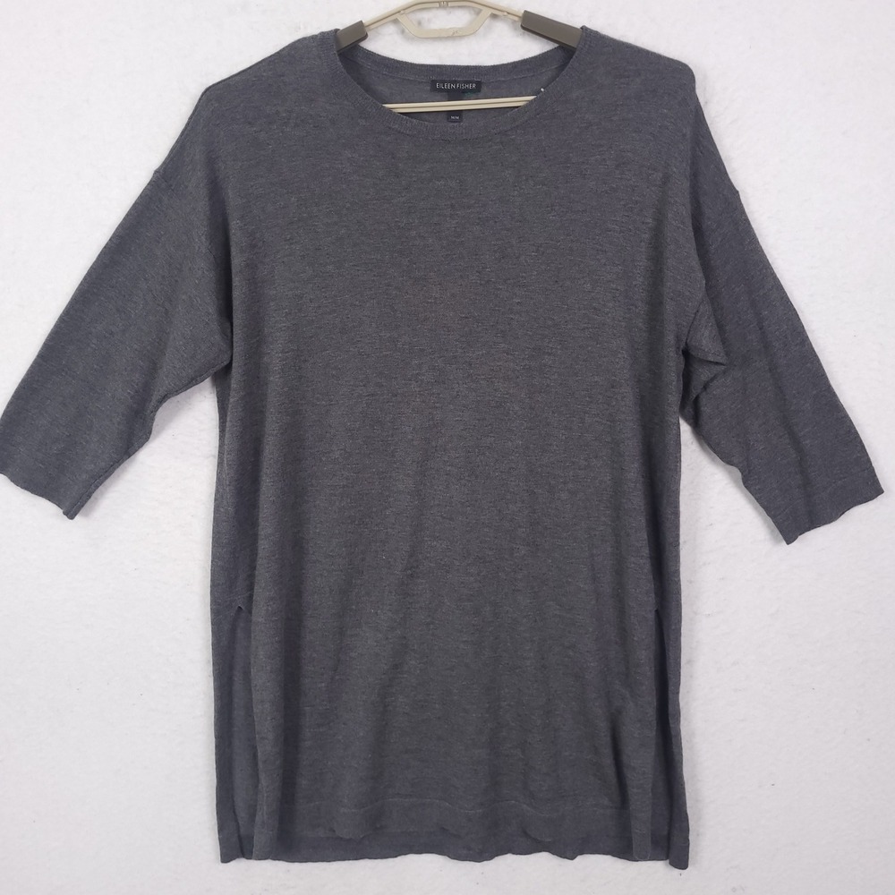 Eileen Fisher Tunic Sweater Womens M Gray Merino Alpaca Blend Side Slit Crewneck